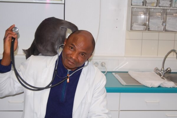 Katze und Dr. Benneth von der Tierärztlichen Praxis Dr. Benneth O.Onoh DVM